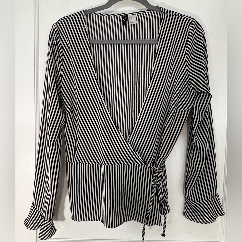 H&M Black and White Striped Wrap Blouse